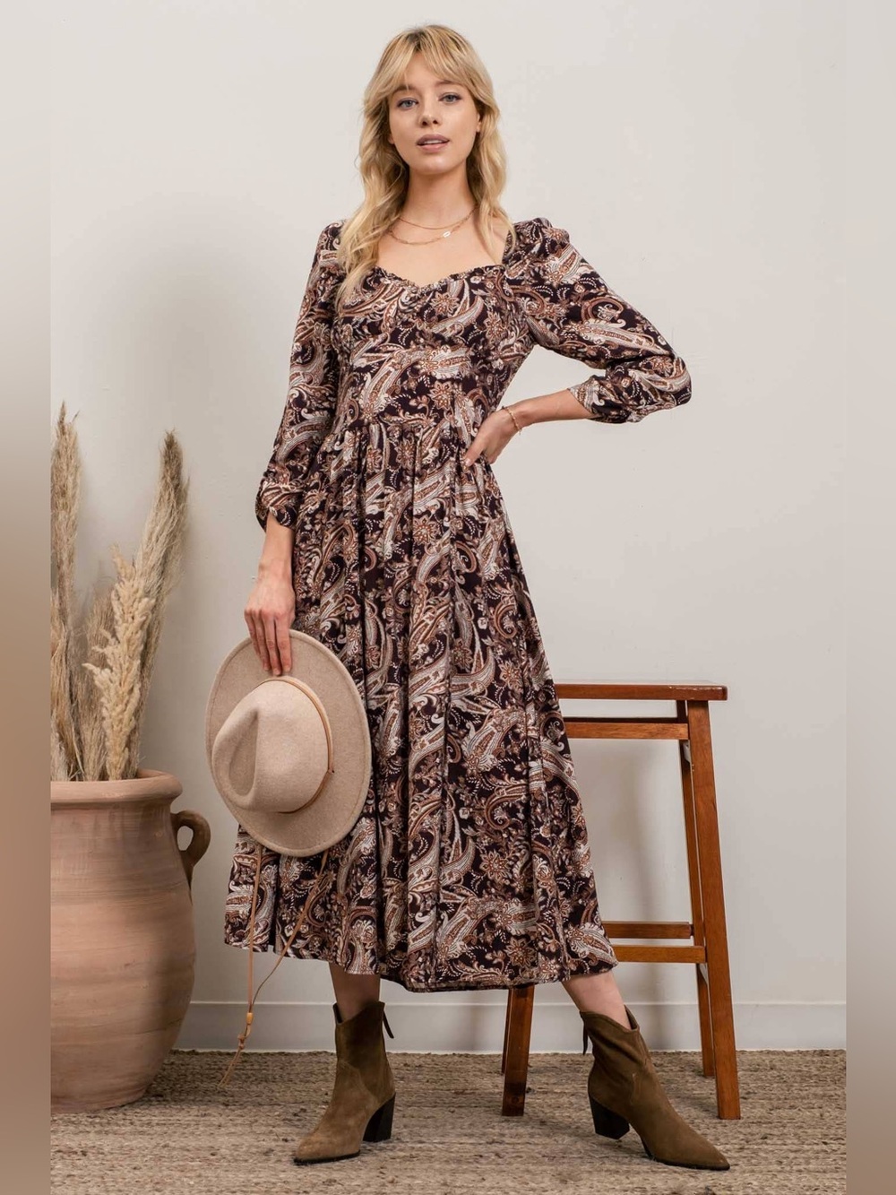 NWT By the River Sweetheart Paisley Print Midi Dress Boho Practical Magic Vibes